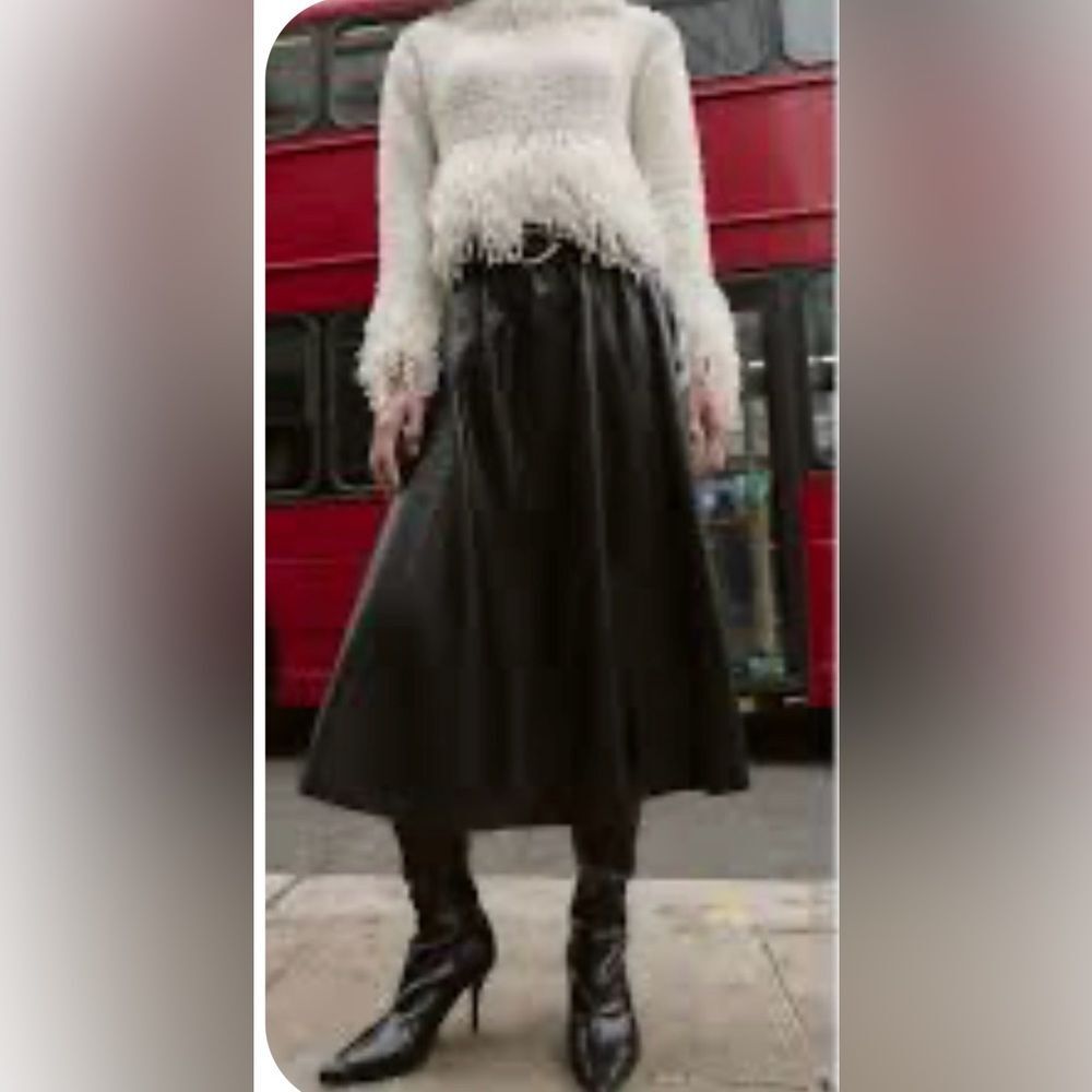 Zara Black Faux Leather Belted Midi Skirt Size Small